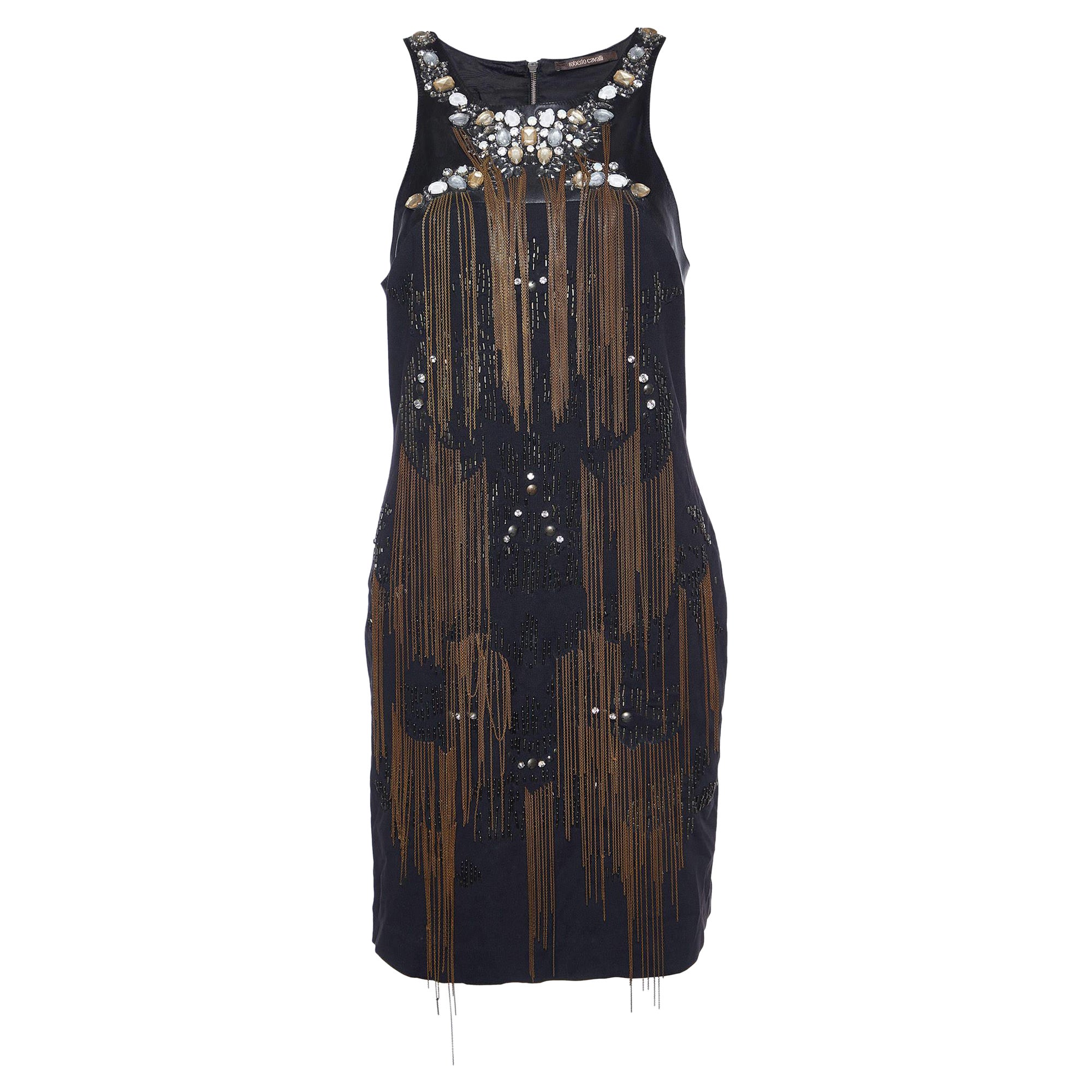 Roberto Cavalli Black Jersey Embellished Sleeveless Dress M For Sale