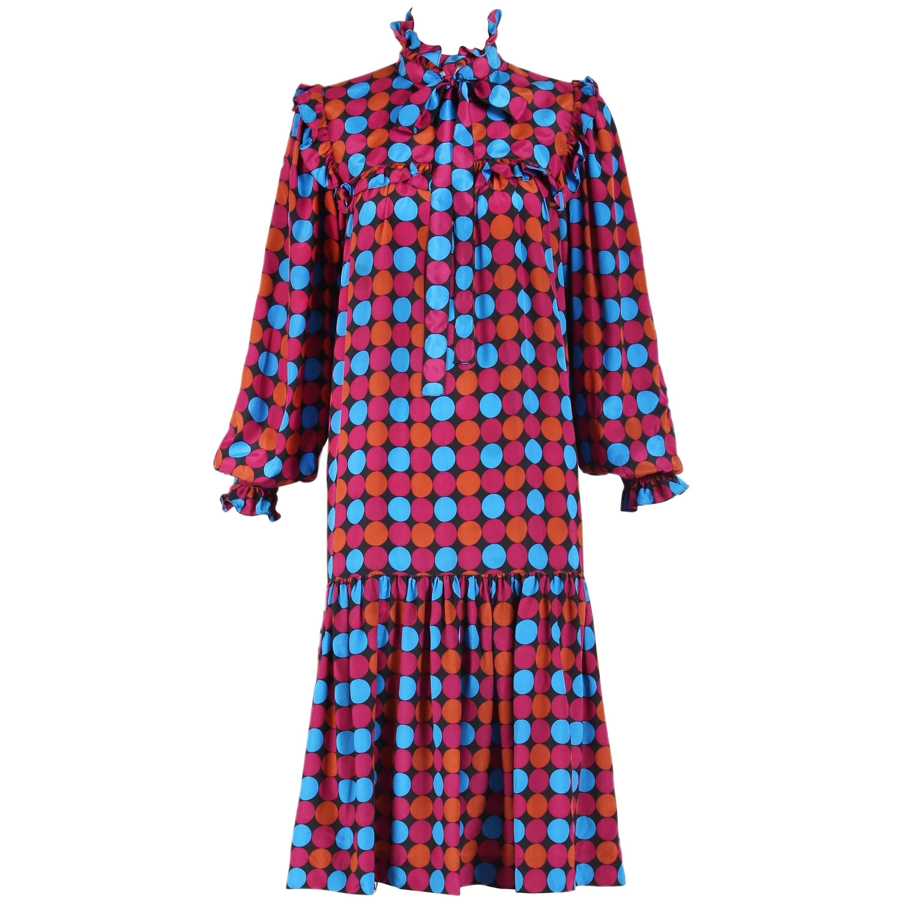 1970's Yves Saint Laurent YSL Geometric Print Silk Ruffled Day Dress