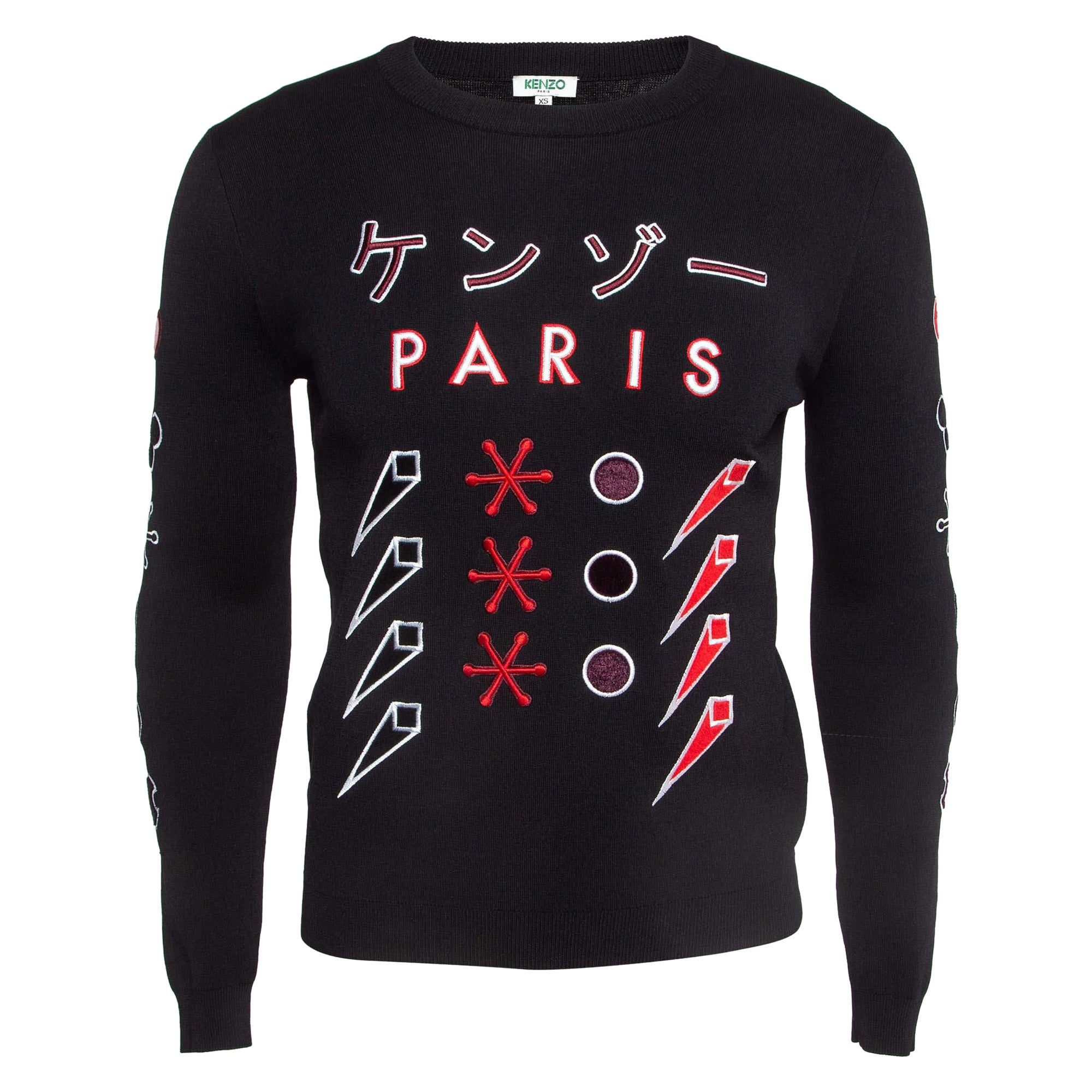 Kenzo Black Embroidered Knit Crew Neck Sweatshirt XS For Sale