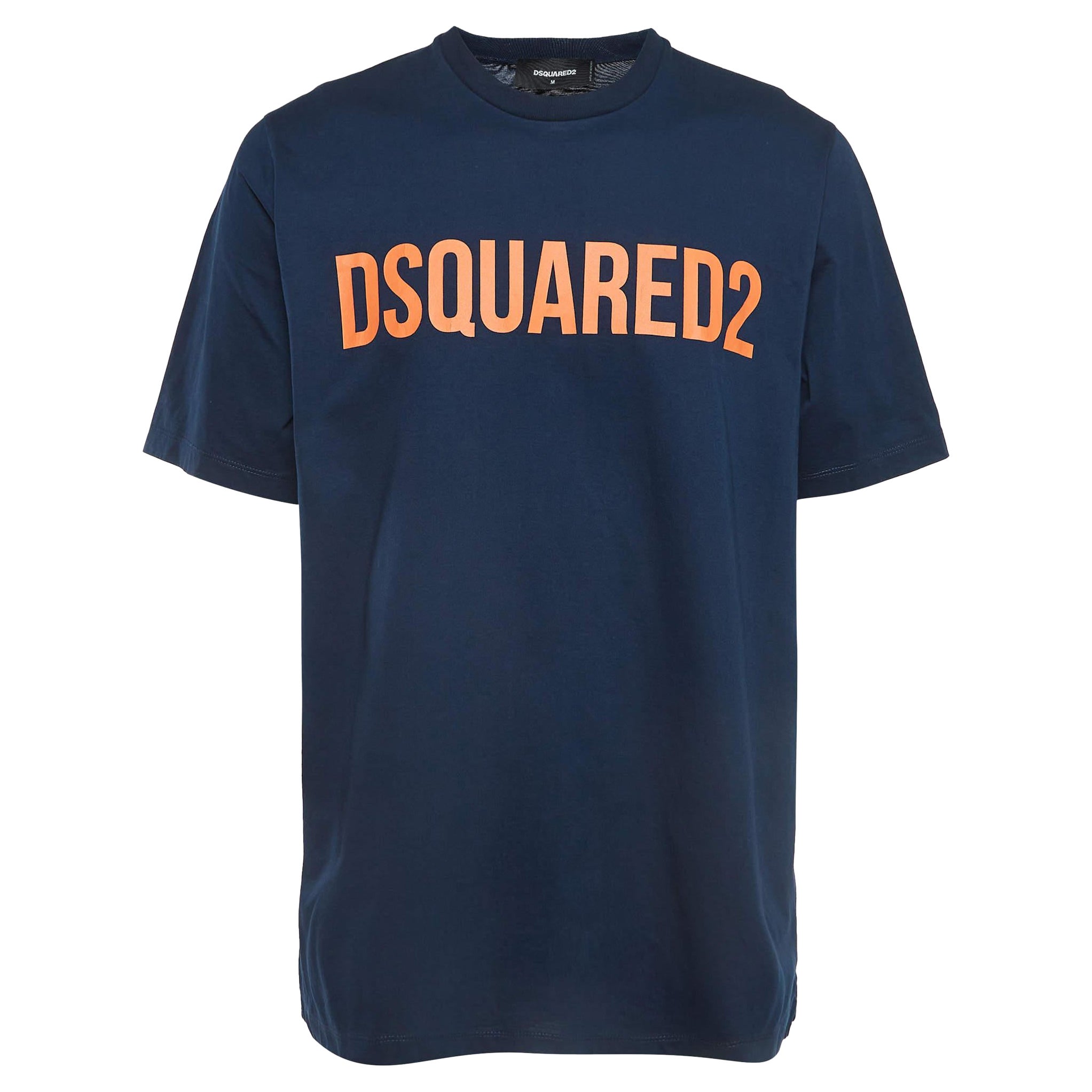 Dsquared2 Marineblaues T-Shirt aus bedruckter Baumwolle mit Logo, M im Angebot