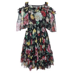 Dolce & Gabbana Black Floral Print Silk Ruffled Dress M