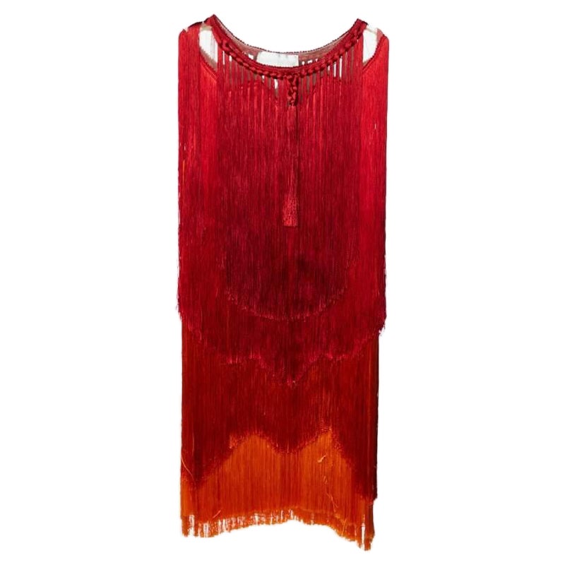 Alberta Ferretti Red Ombre Fringed Silk Mini Dress S For Sale
