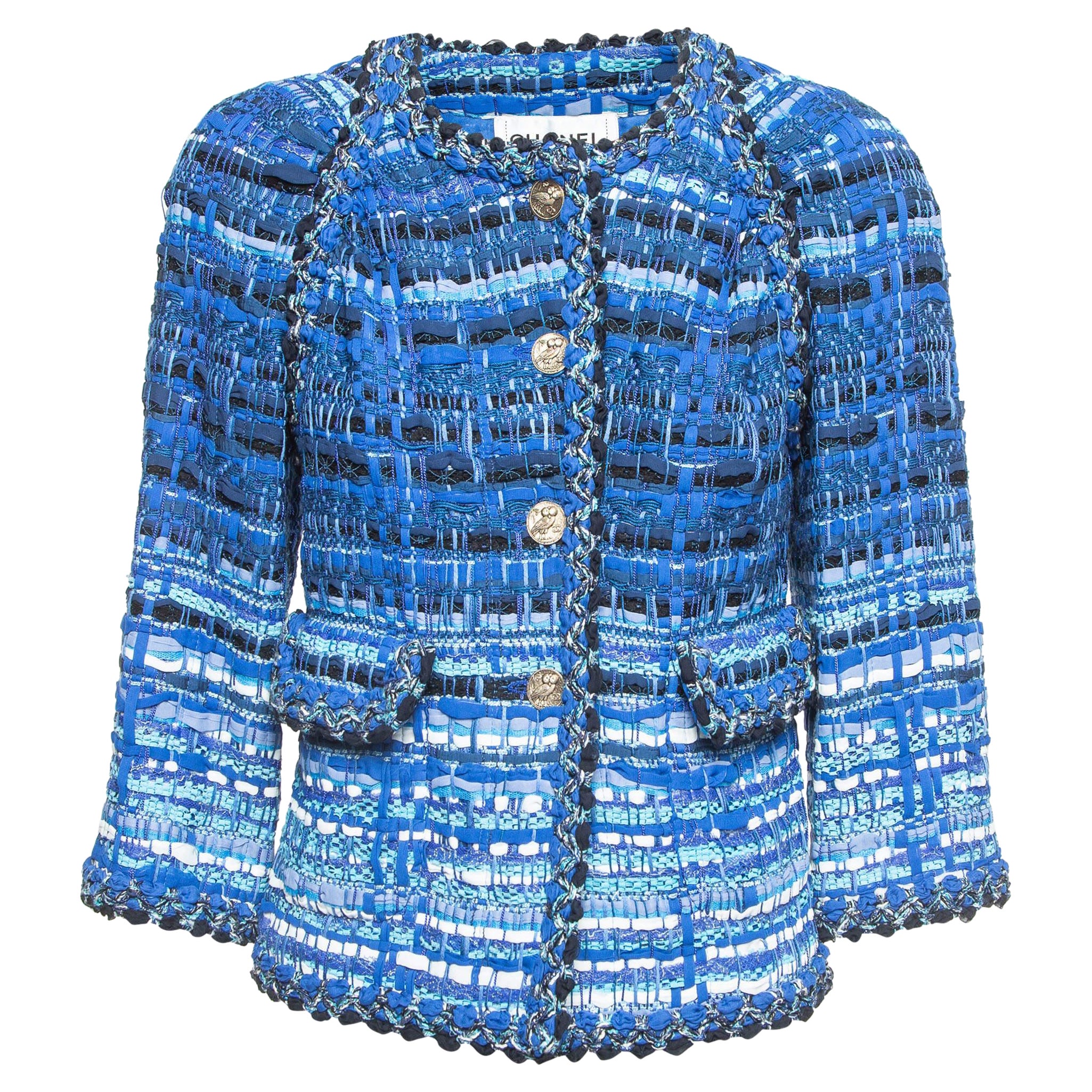 Chanel Blue Ribbon & Tweed Owl Button Jacket M