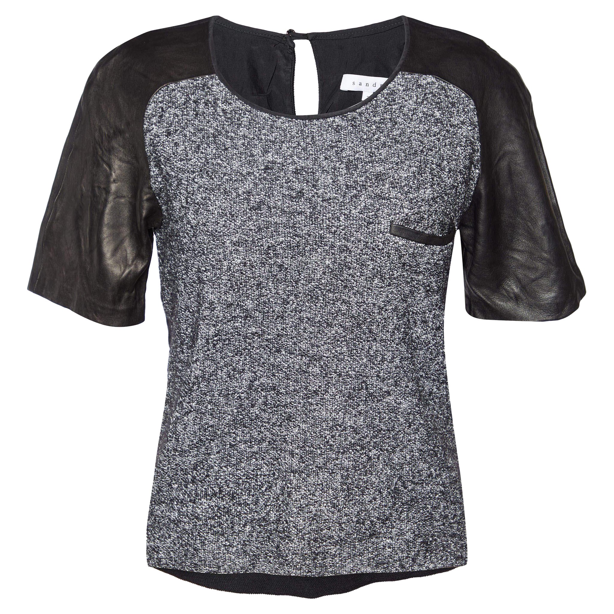 Sandro Black Terry & Leather Short Sleeve Blouse L For Sale