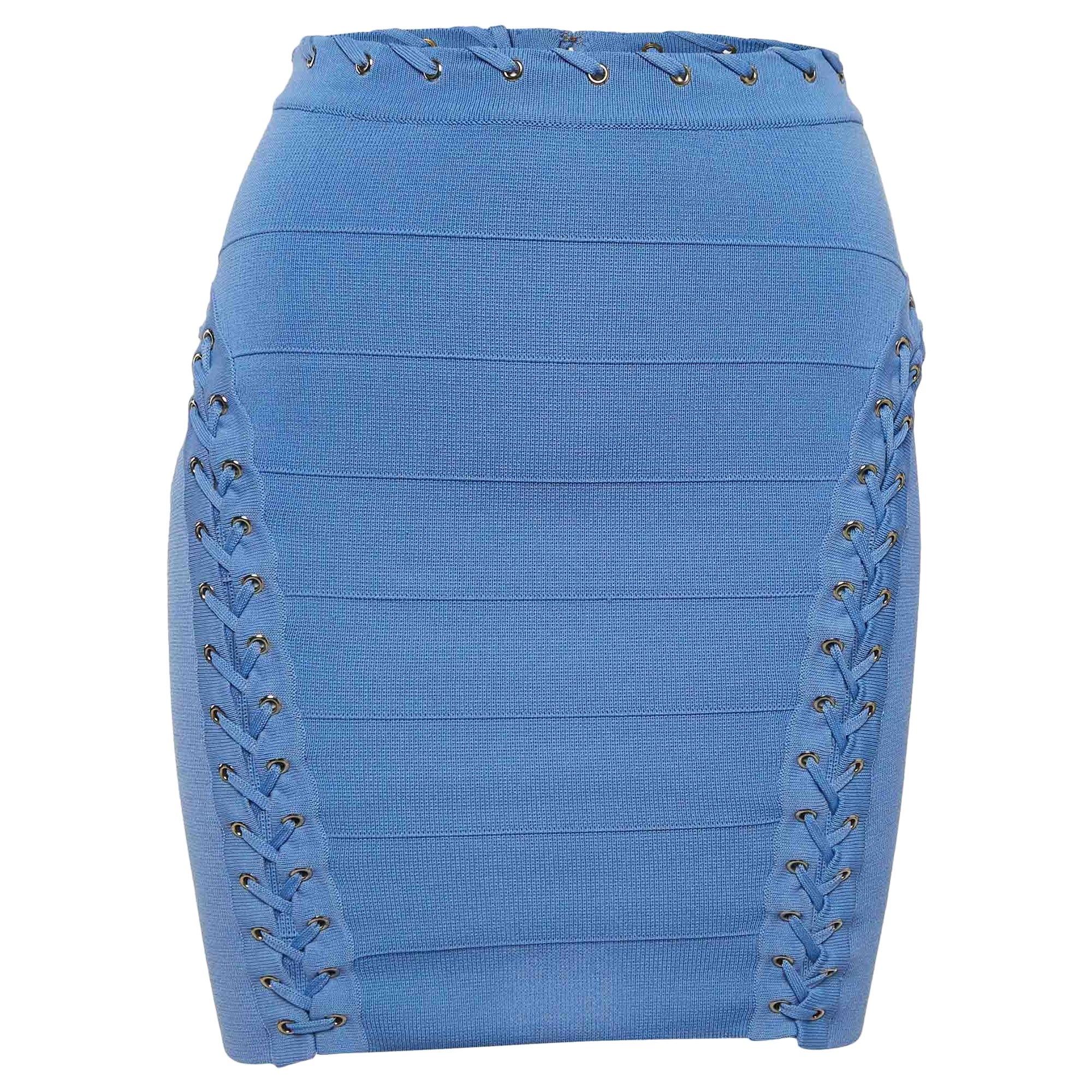 Elisabetta Franchi Blue Knit  Lace and Eyelets Detailed  Mini Skirt S