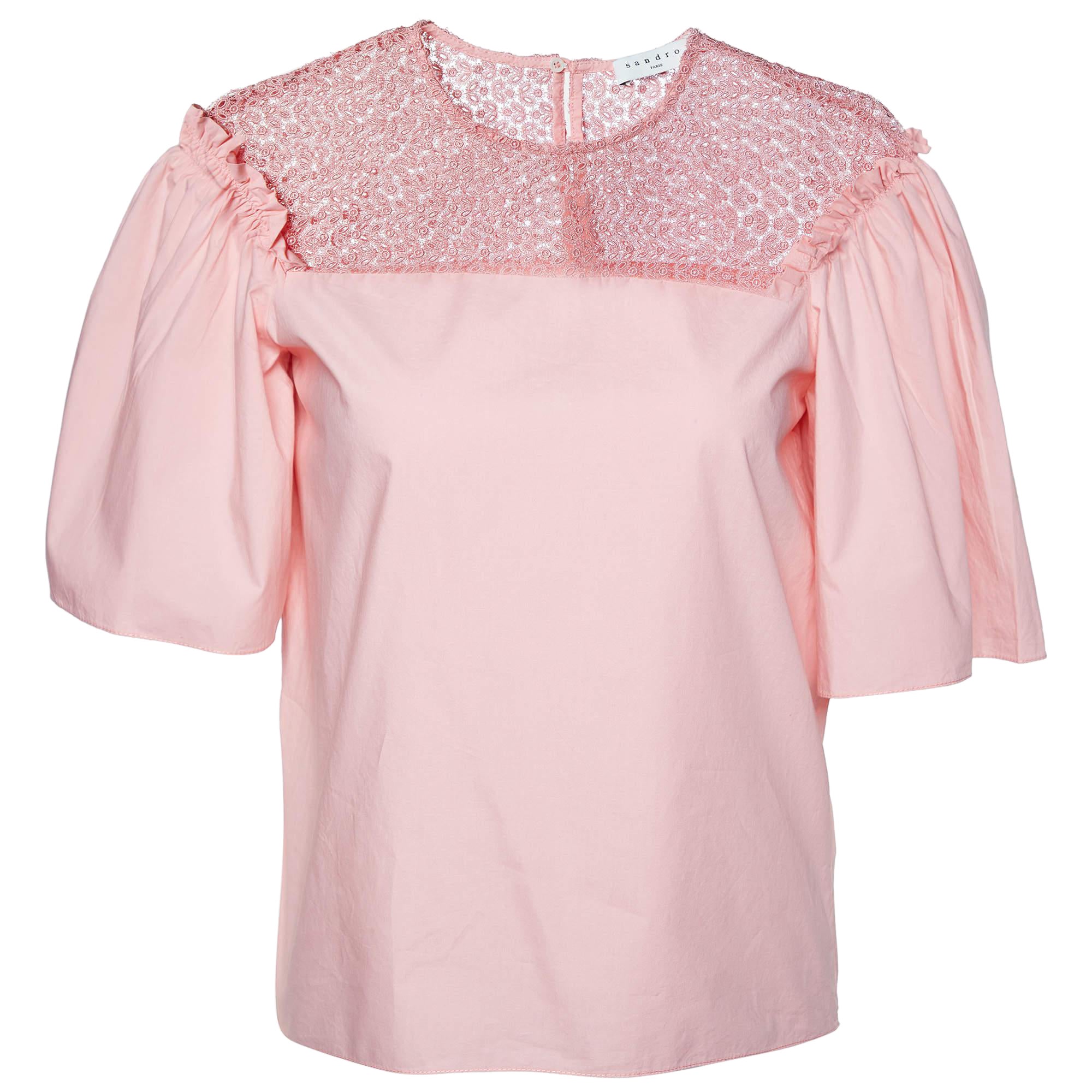 Sandro Pink Cotton Lace Trimmed Blouse XS For Sale