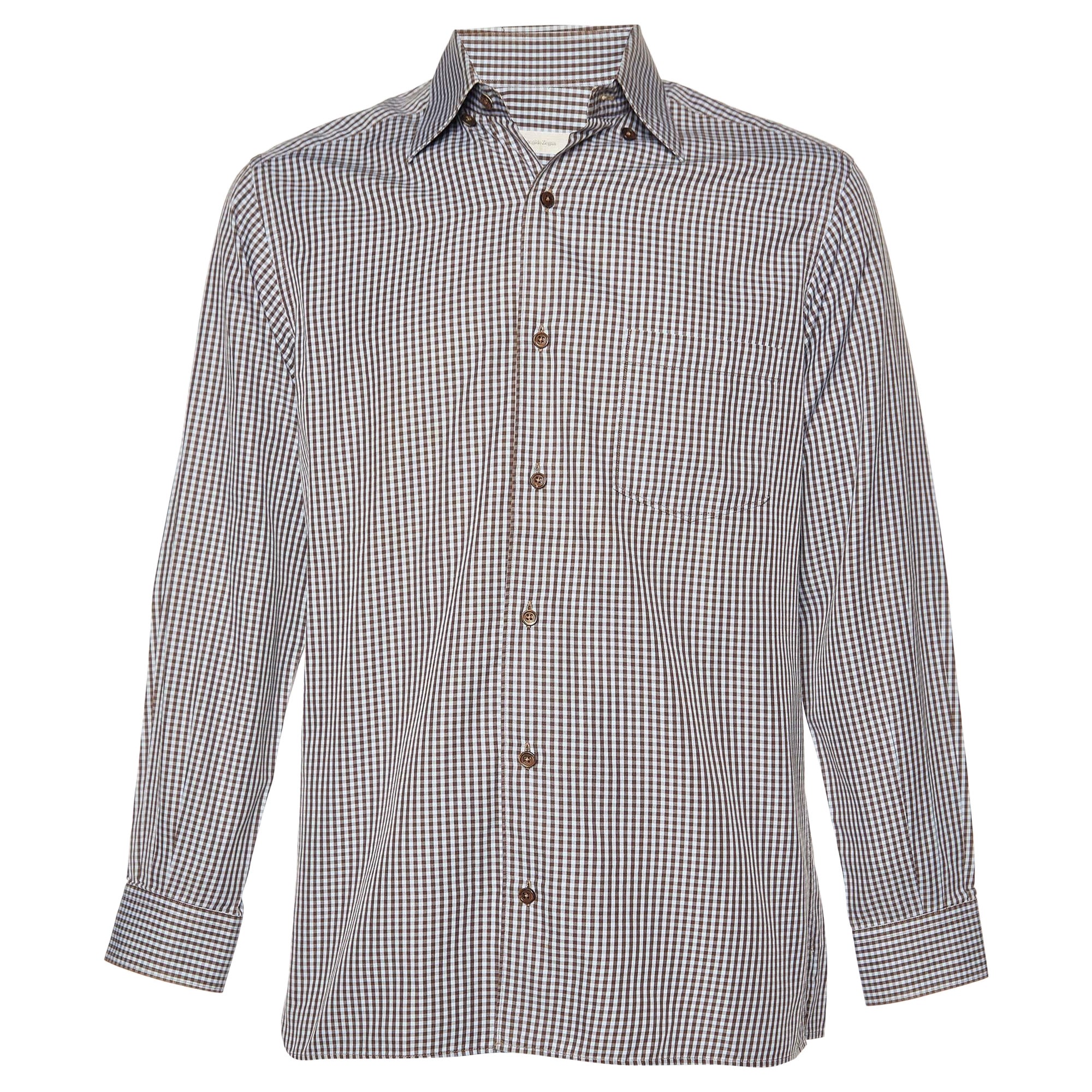 Ermenegildo Zegna Blue Micro Checked Cotton Button Down Shirt M For Sale