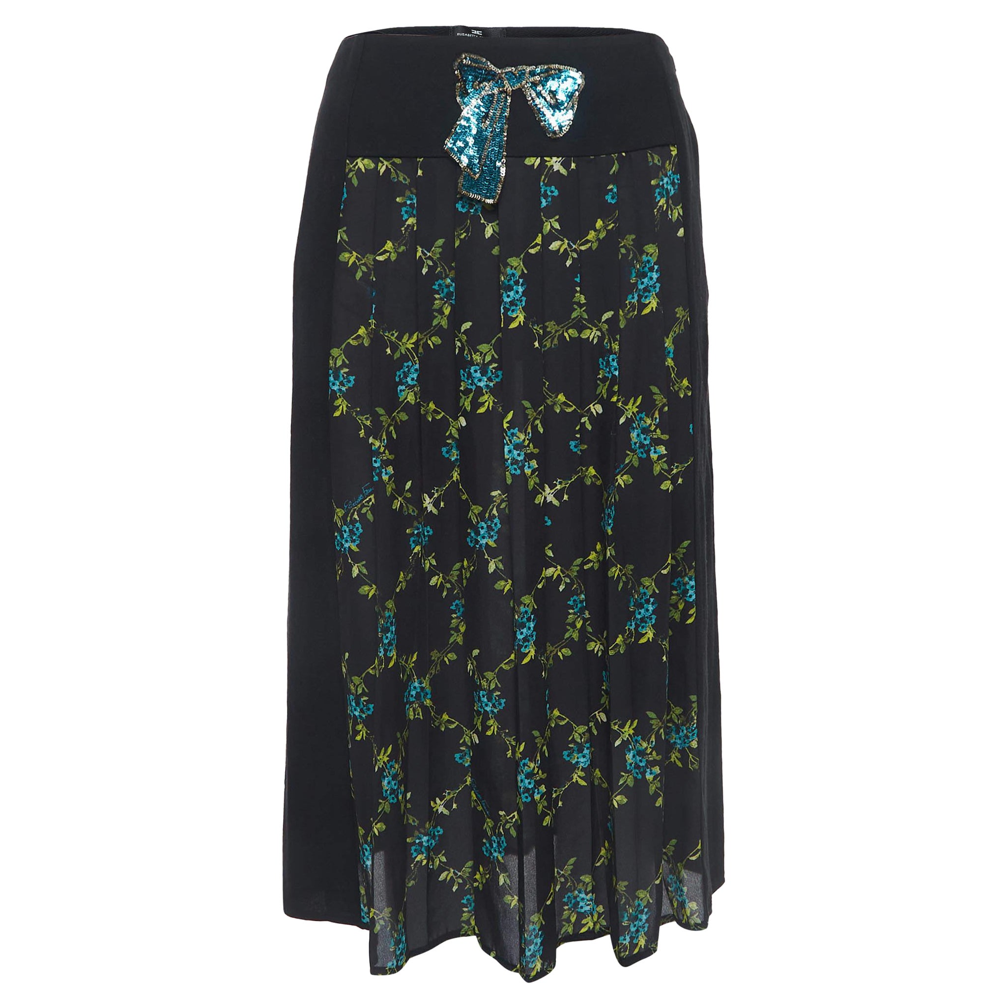 Elisabetta Franchi Black Floral Print Crepe Pleated Semi Sheer Midi Skirt S For Sale