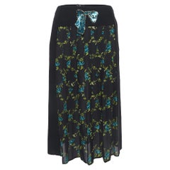 Elisabetta Franchi Black Floral Print Crepe Pleated Semi Sheer Midi Skirt S