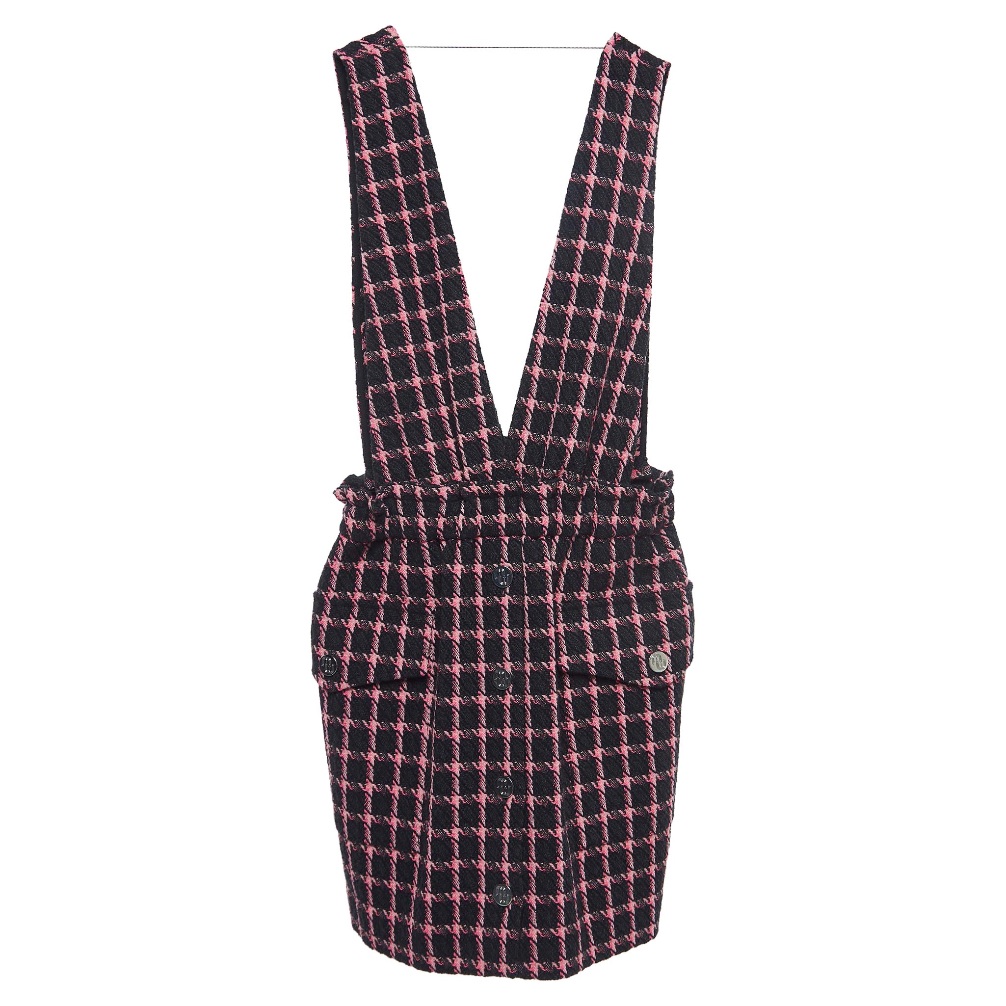 Maje Black/Pink Checked Tweed Plunge V-Neck Mini Dress S For Sale