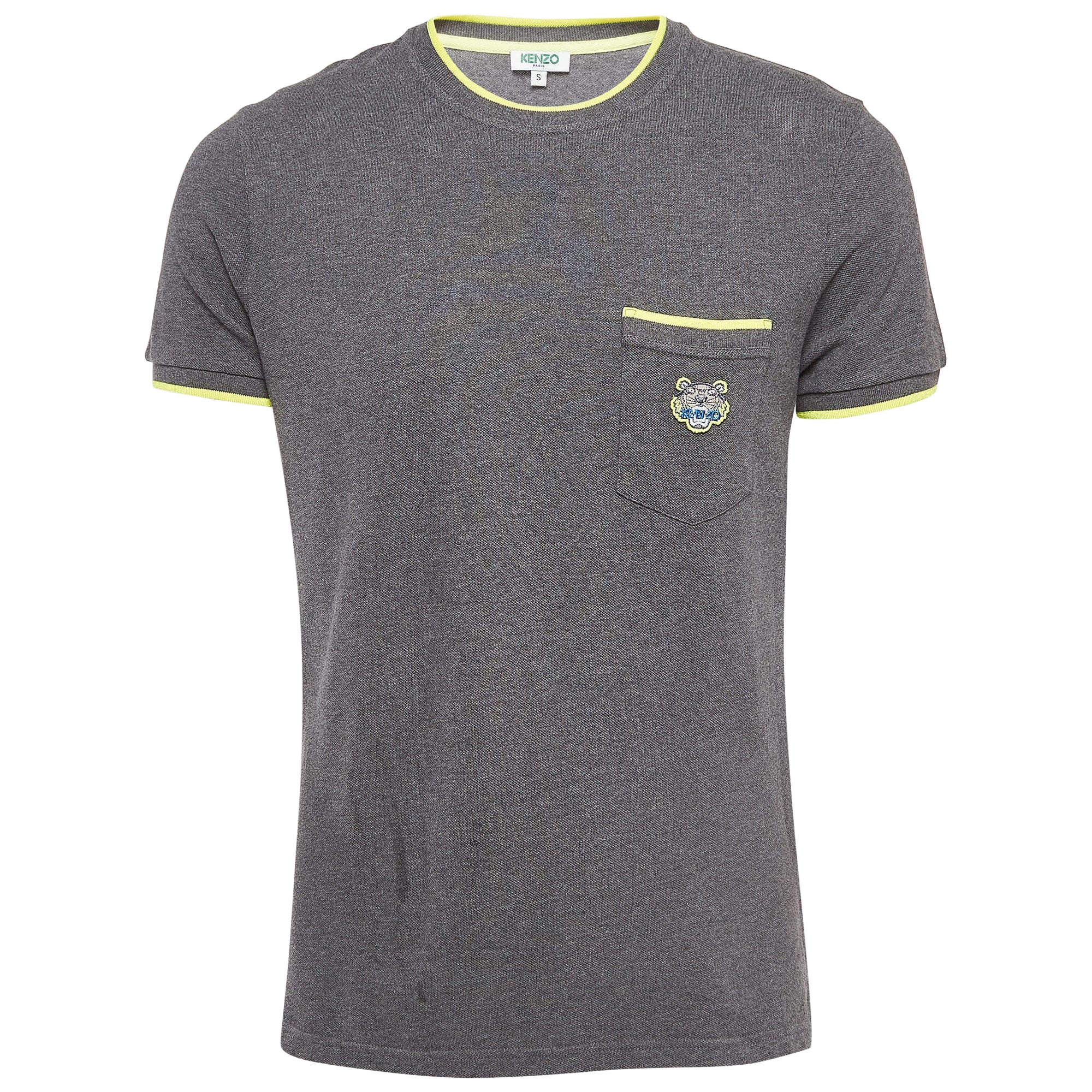 Kenzo Gris/Amarillo Neón Camiseta de algodón piqué con bolsillo y cuello redondo S