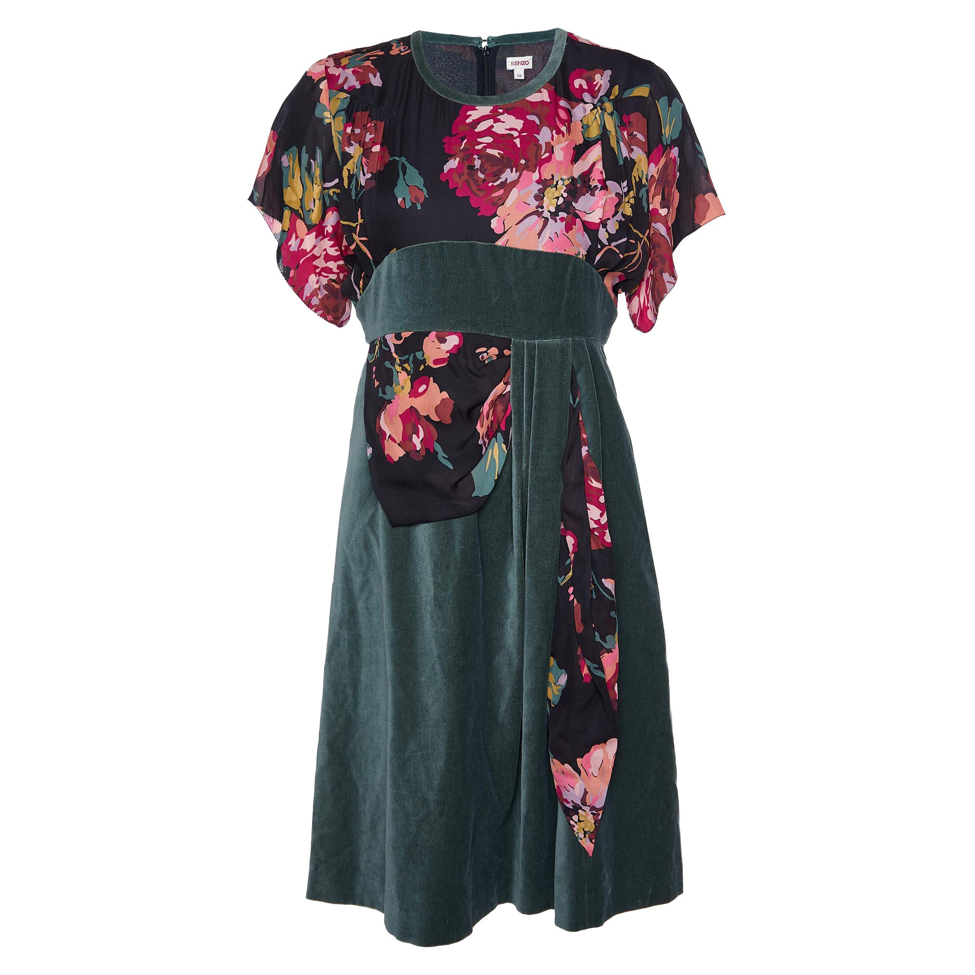 Kenzo Green Floral Print Silk & Velvet Knee-Length Dress M For Sale