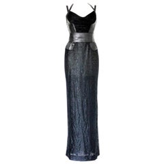 UNWORN Gianni Versace Couture FW 2001 Black Lace Leather Bondage Gown Dress 40