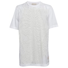 Elie Saab White Embroidered Tulle and Cotton Knit Sheer T-Shirt S