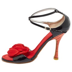 Giuseppe Zanotti Black/Red Patent Leather Satin Rose Applique Sandals Size 37.5