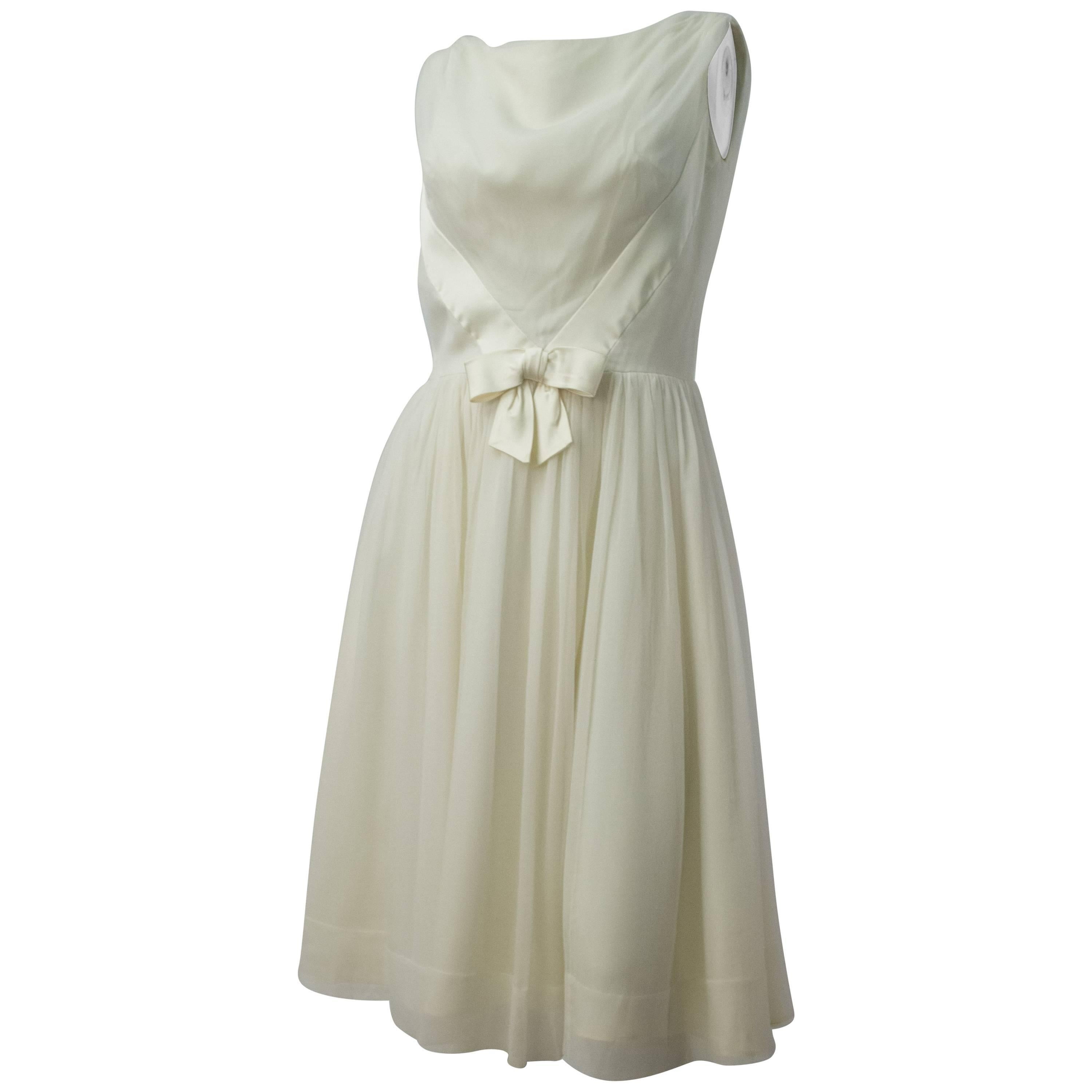 50s White Chiffon and Satin Party Dress For Sale
