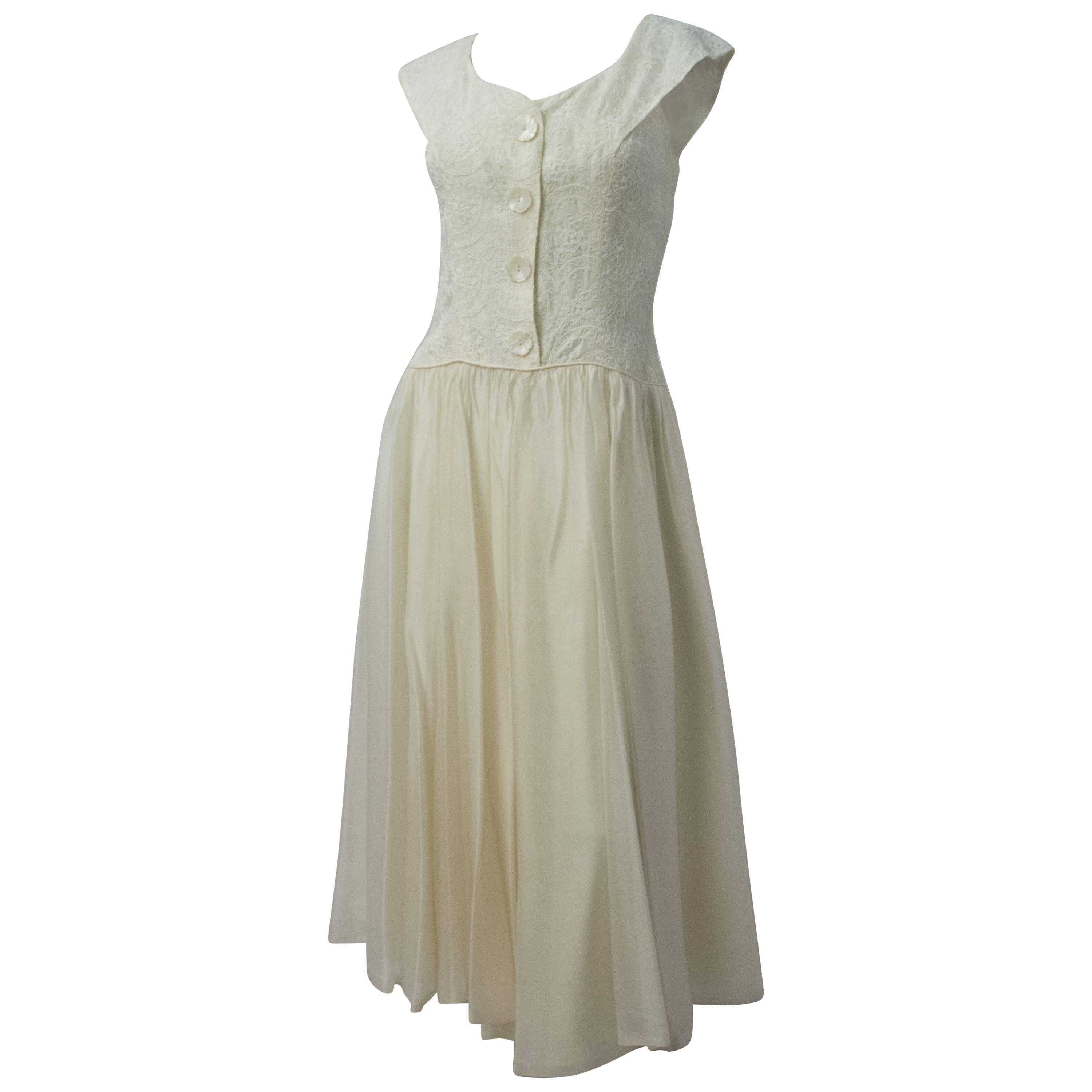 50s Emma Domb White Embroidered Organza Dress For Sale