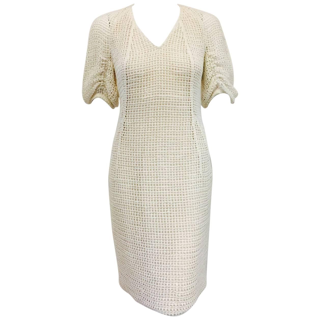 Akris Ivory Cotton Crochet V-Neck Sheath With Ruched Sleeves  For Sale