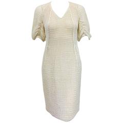 Akris Ivory Cotton Crochet V-Neck Sheath With Ruched Sleeves 
