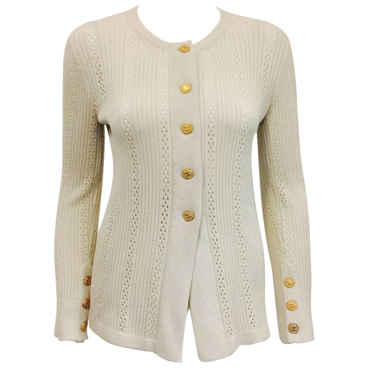 Chanel Metallic Dove Grey Light Weight Cardigan With Gold Tone Logo Buttons 