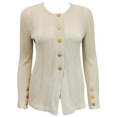 Chanel Metallic Dove Grey Light Weight Cardigan With Gold Tone Logo Buttons