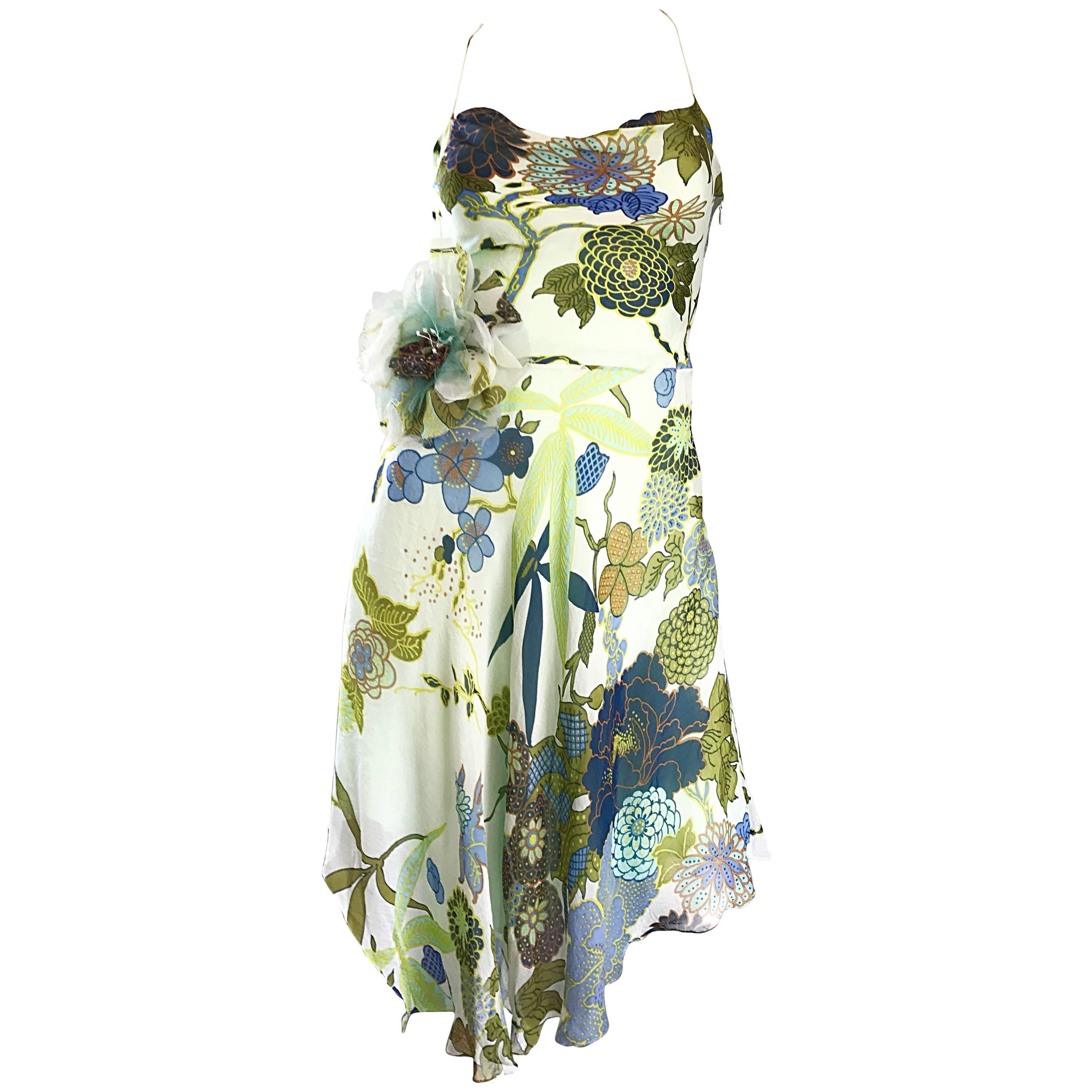 Beautiful 1990s Jenny Packham Silk Chiffon Flower Printed Handkerchief Hem Dress For Sale