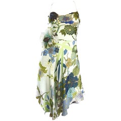 Vintage Beautiful 1990s Jenny Packham Silk Chiffon Flower Printed Handkerchief Hem Dress