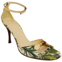 Gucci Tapestry Inspired Floral High Heel Sandals W Ankle Straps and Bamboo