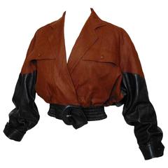 Rare Bernard Perris Paris Bomber Jacket Brown Linen + Black Leather Size 6 1980s 11