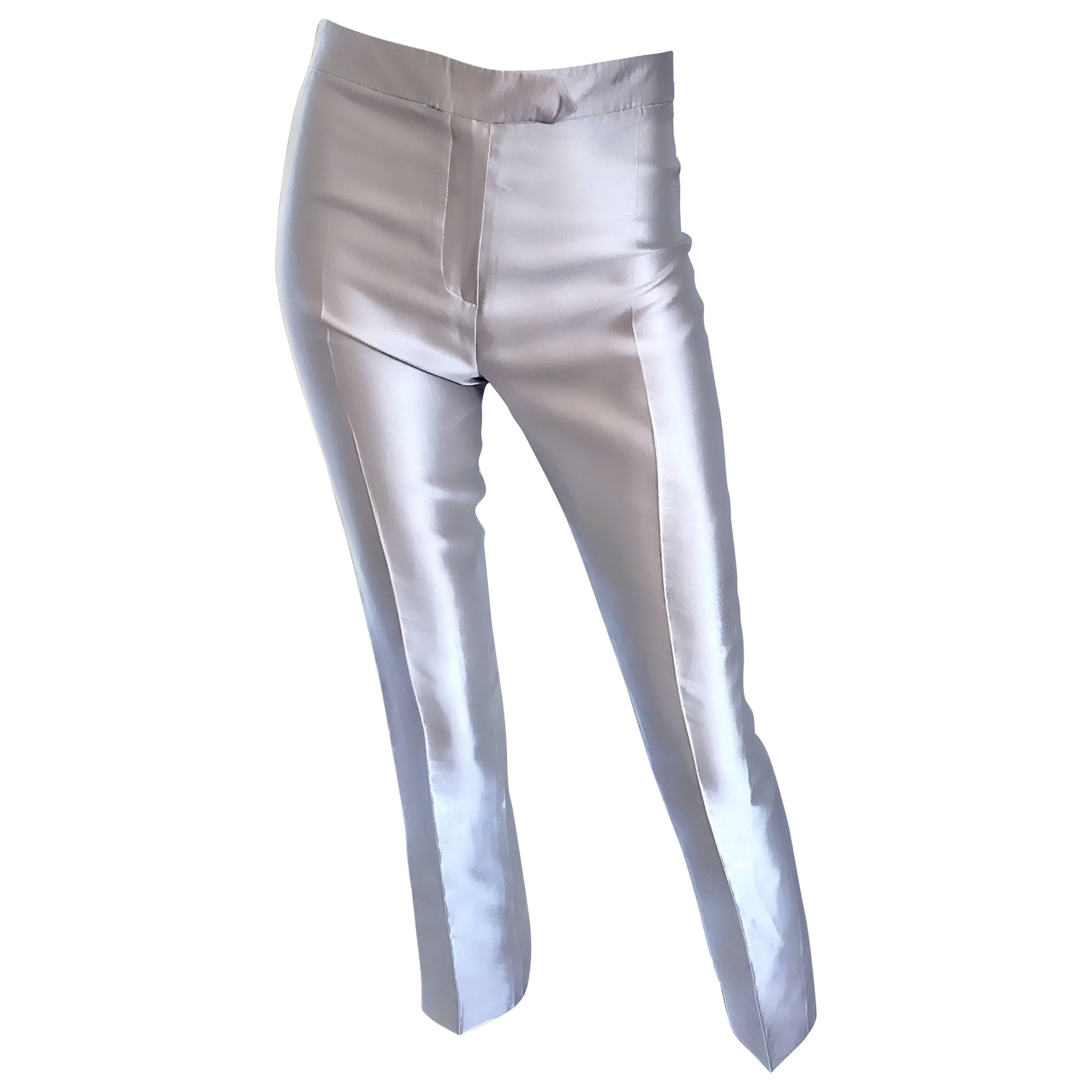 Oscar de la Renta 1990s Silver Metallic Size 2 High Waist Skinny Cigarette Pants For Sale