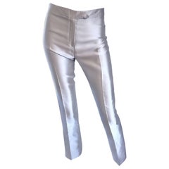 Vintage Oscar de la Renta 1990s Silver Metallic Size 2 High Waist Skinny Cigarette Pants