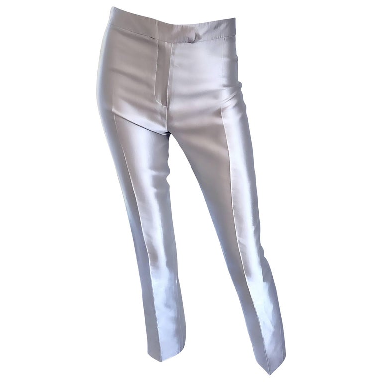 cigarette trousers sale Oscar de la Renta 1990s Silver Metallic Size 2 High Waist Skinny Cigarette  Pants For Sale at 1stDibs