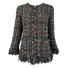 Chanel 2010 Black Red Tan Chunky Tweed Zipper Front Jacket with Fringe Trim 40