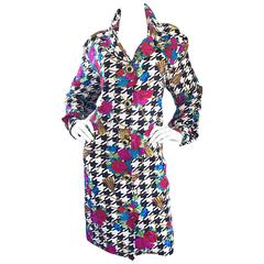 Amazing 1990s Black and White Houndstooth Size 12 Flower 90s Silk Shirt Dress 11