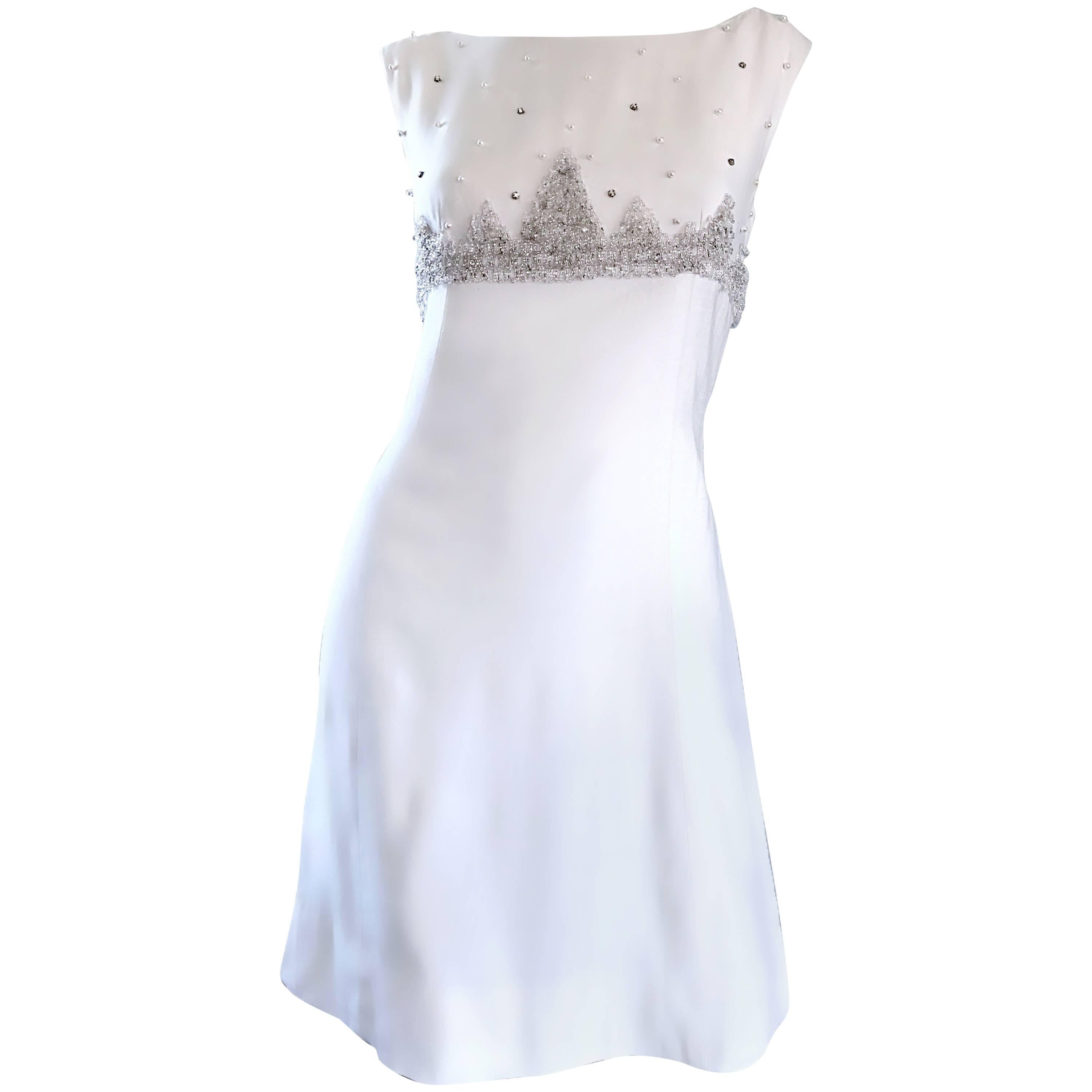 Beautiful 1960s White Linen Beads + Pearls + Sequins A - Line 60s Shift Dress For Sale