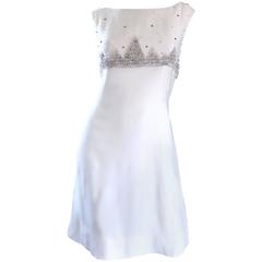 Beautiful 1960s White Linen Beads + Pearls + Sequins A - Line 60s Shift Dress 10