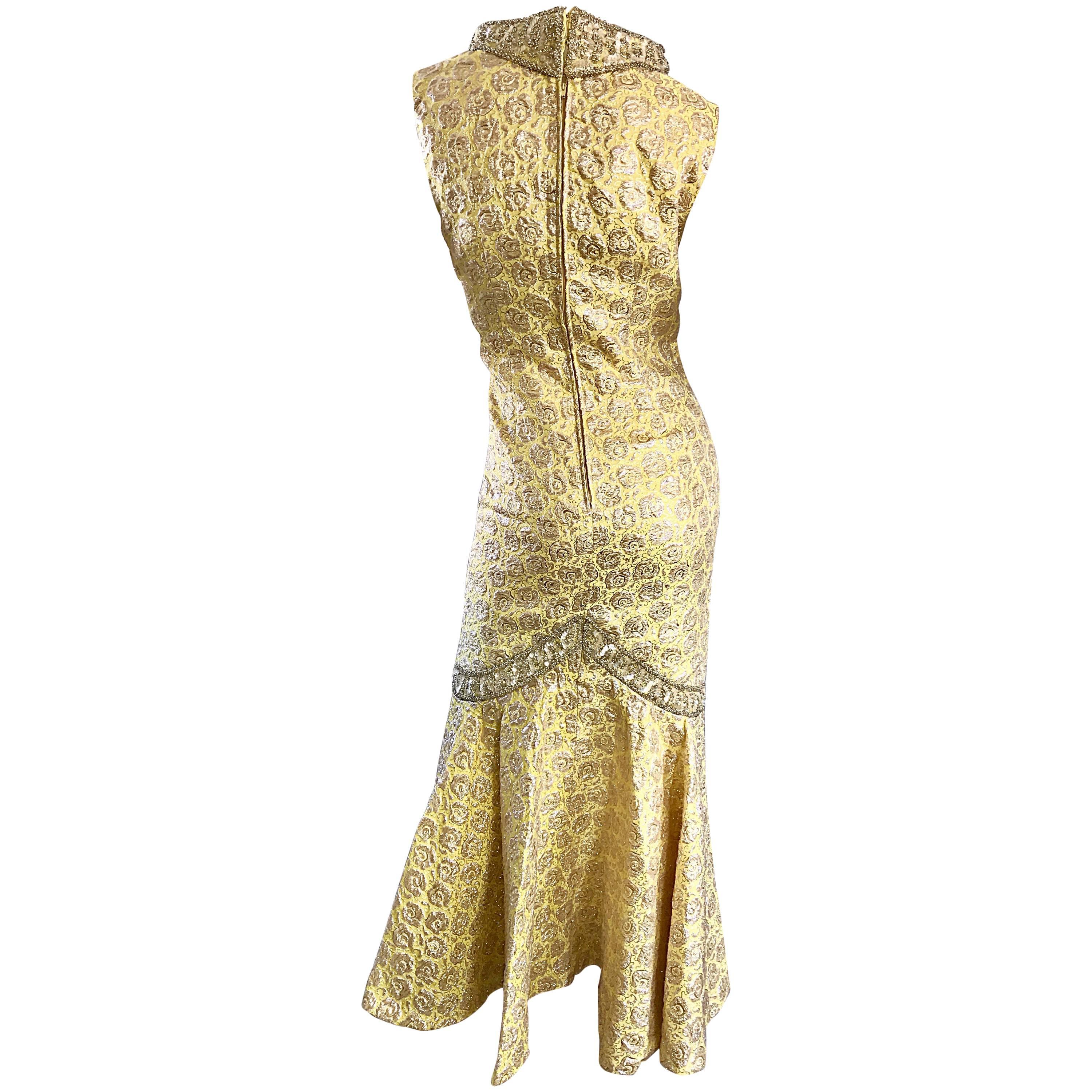 Sensational 1950s Demi Couture Yellow Beaded Silk Brocade Vintage Mermaid Gown For Sale
