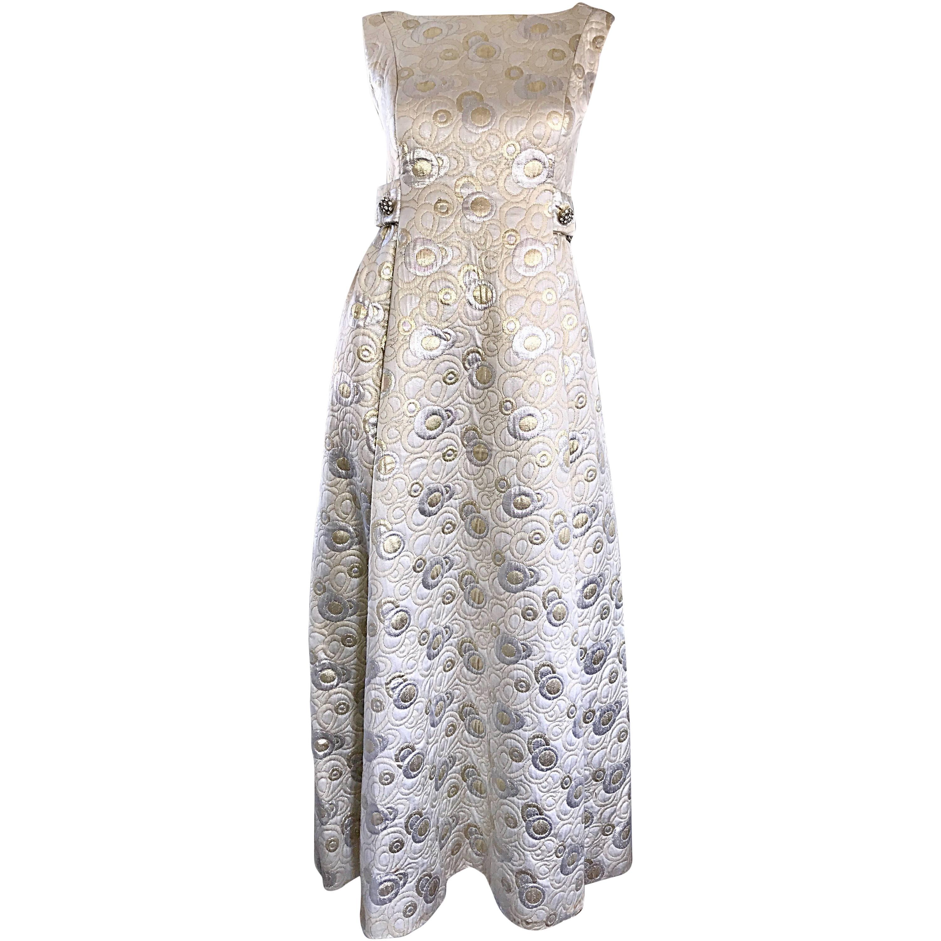 Amazing 1960s Demi Couture Silver and Gold Silk Brocade Rhinestone Vintage Gown
