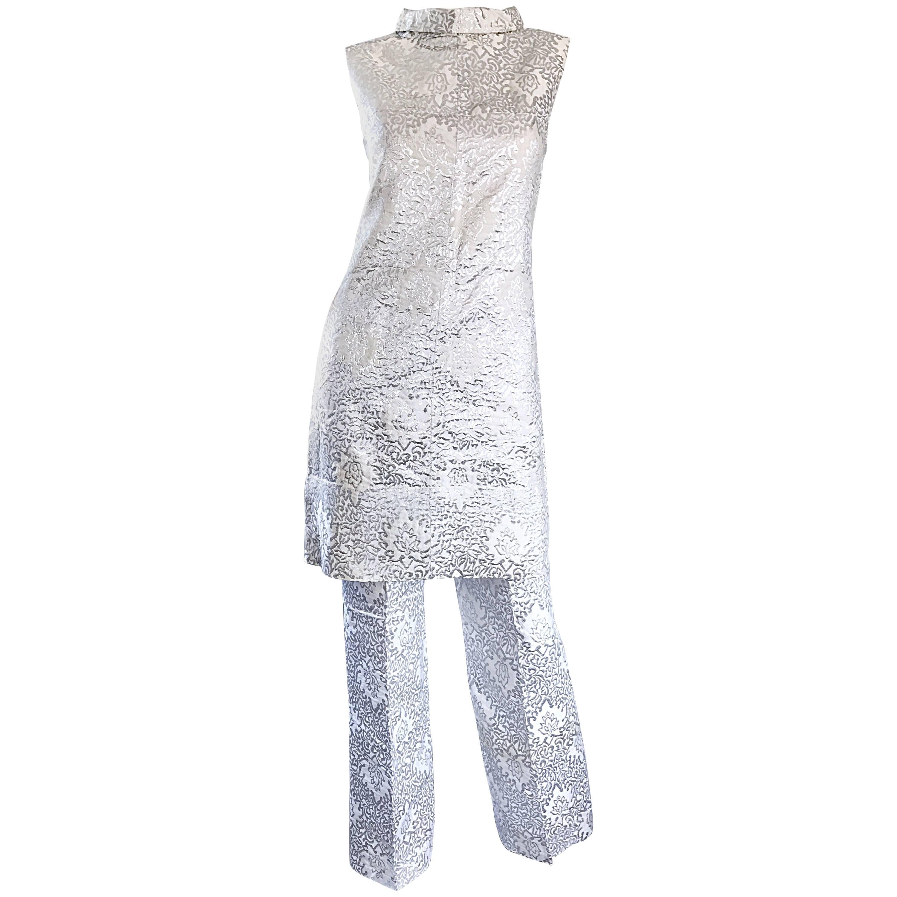 1960s Silver and White Silk Jacquard Metallic Vintage 60s Tunic Dress and Pants