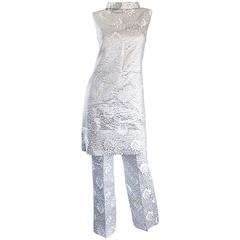 1960s Silver and White Silk Jacquard Metallic Retro 60s Tunic Dress and Pants