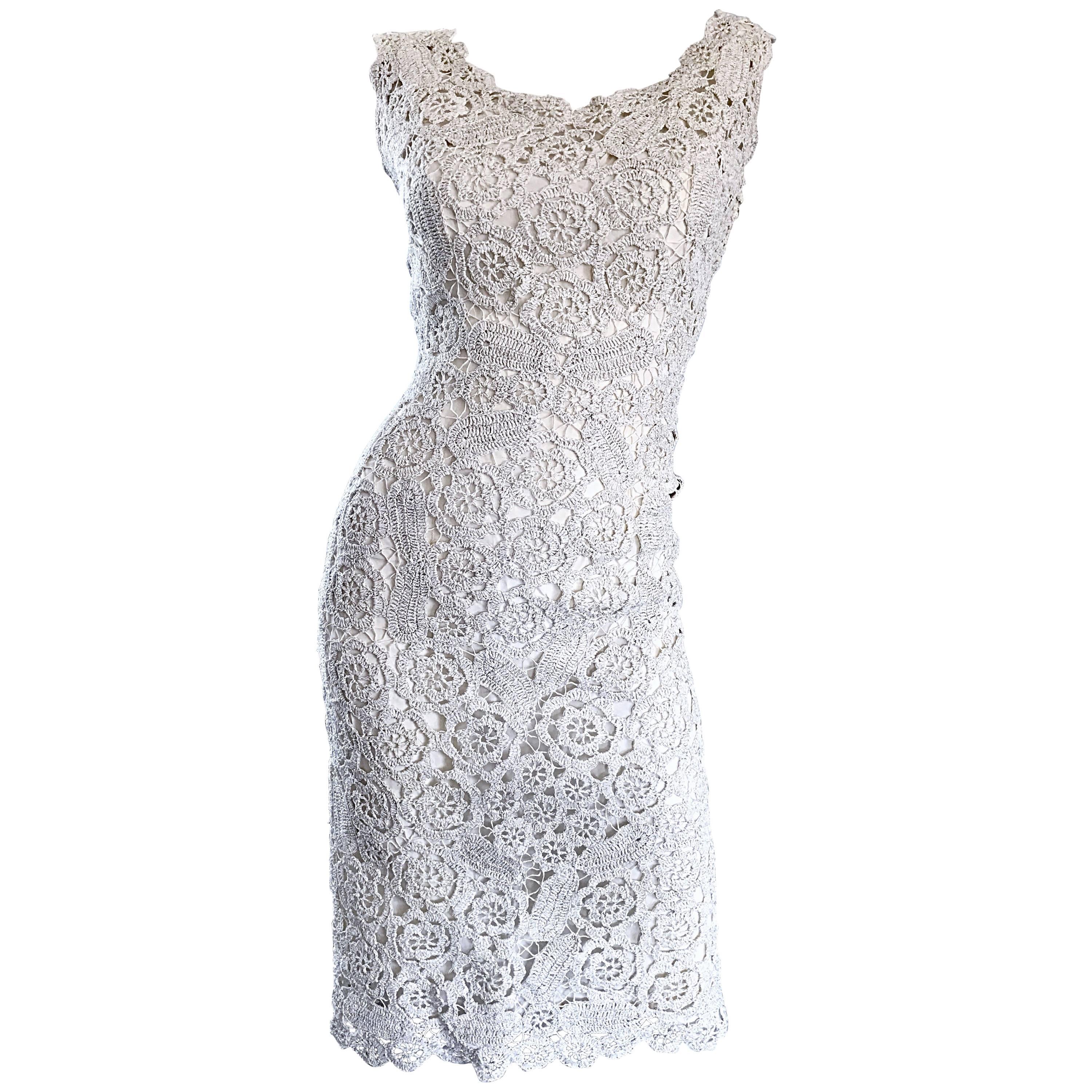 Beautiful 1950s White + Silver Raffia Hand Made Vintage 50s Wiggle Couture Dress For Sale