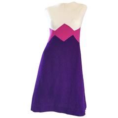 1960s Stacy Ames Purple + Ivory + Pink Color Block Zig Zag Vintage A Line Dress