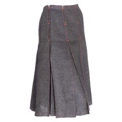 Hermès Navy Linen Pleated A-Line Skirt