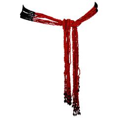Unique Coral and Black Beaded Festival Belt with Fringe 1970s 9