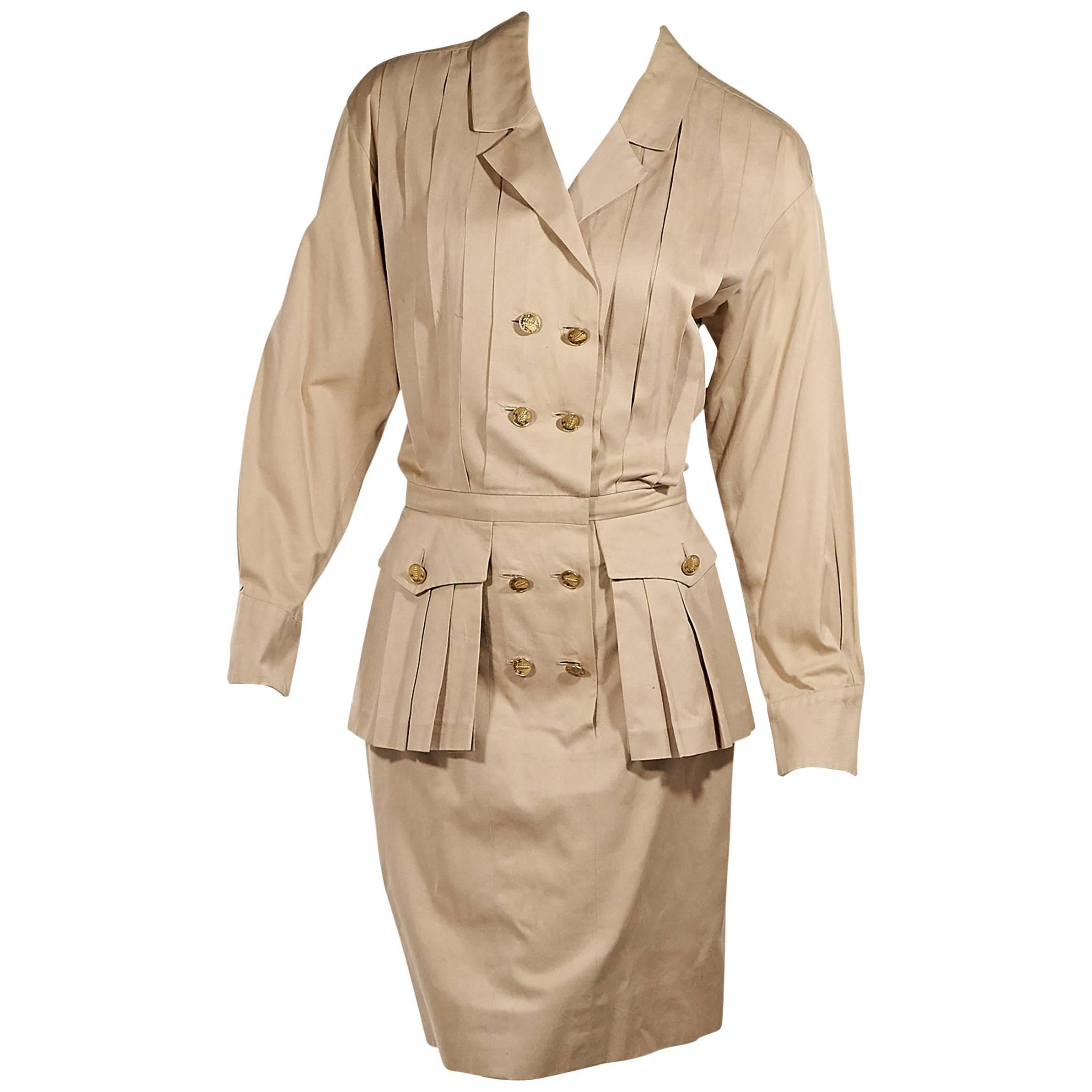 Tan Vintage Chanel Pleated Dress