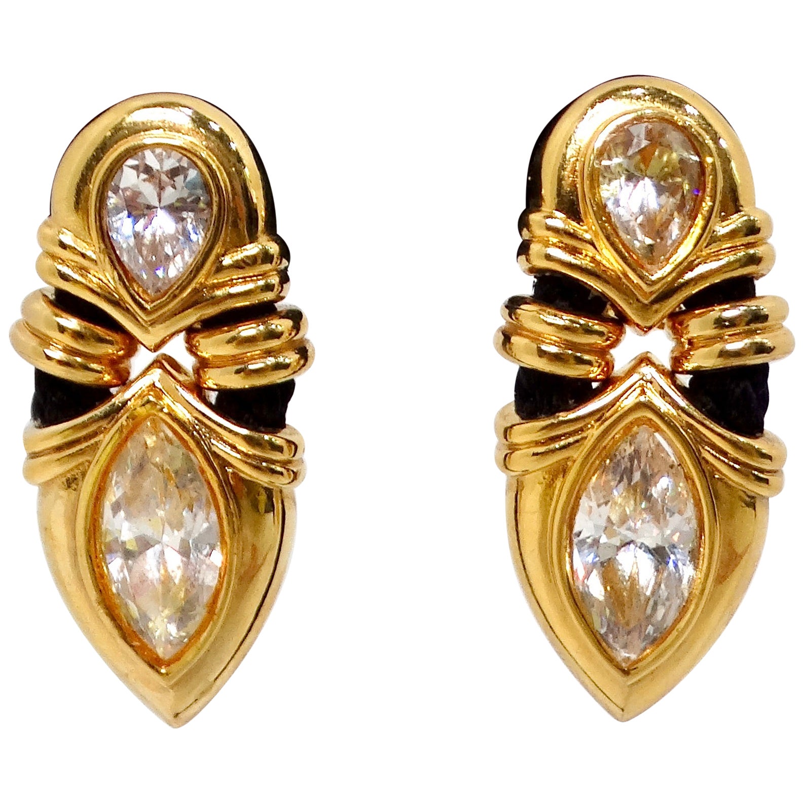 Angela Kramer Vintage 18k Gold Plated Rhinestone & Black Rope Clip-On Earrings For Sale