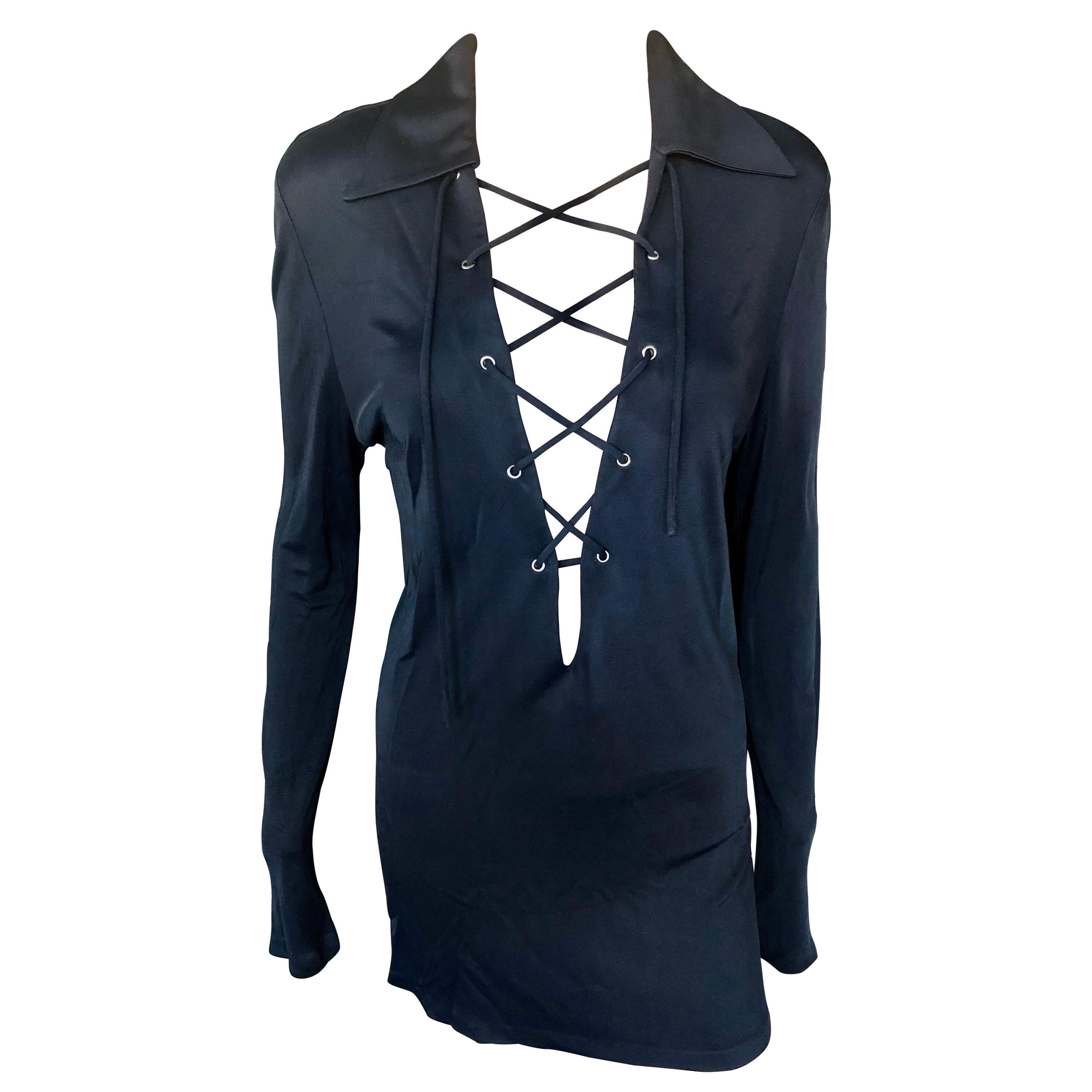 Tom Ford for Gucci S/S 1996 Plunging Lace-Up Black Tunic Micro Mini Dress For Sale