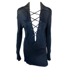 Vintage Tom Ford for Gucci S/S 1996 Plunging Lace-Up Black Tunic Micro Mini Dress
