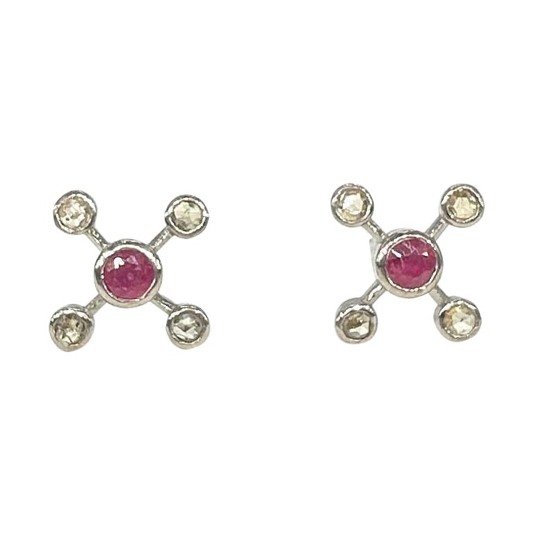 Vintage diamonds real Burma ruby Sterling silver galaxy Stud Earrings For Sale