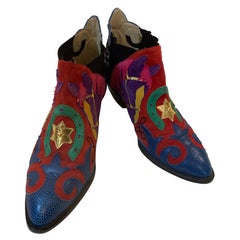 1980s Zalo Psychedelic Western Themed Leather & Suede Applique Booties